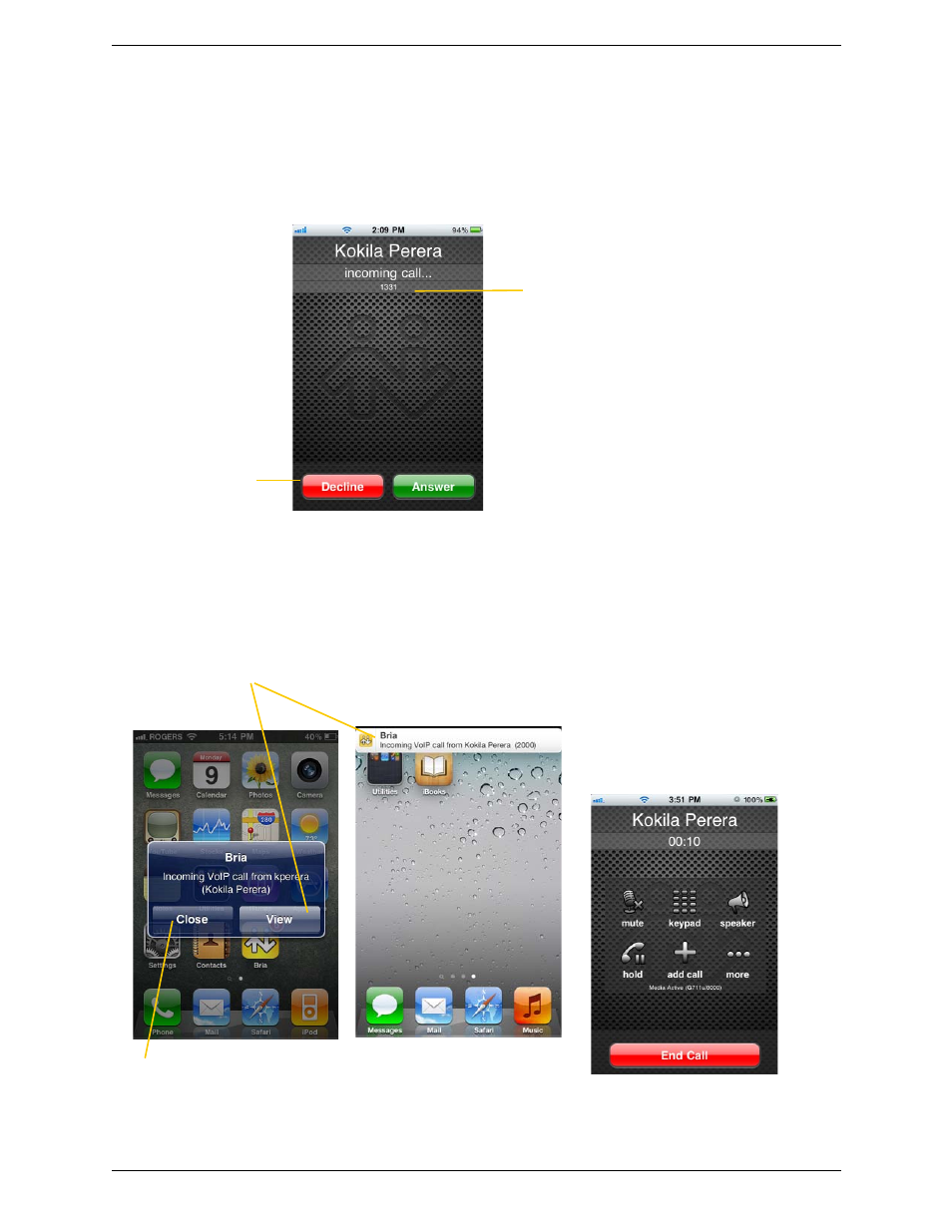 3 handling incoming calls, Handling incoming calls, When bria is in the foreground | When bria is in the background | CounterPath Bria iPhone Edition 2.1 User Guide User Manual | Page 18 / 64