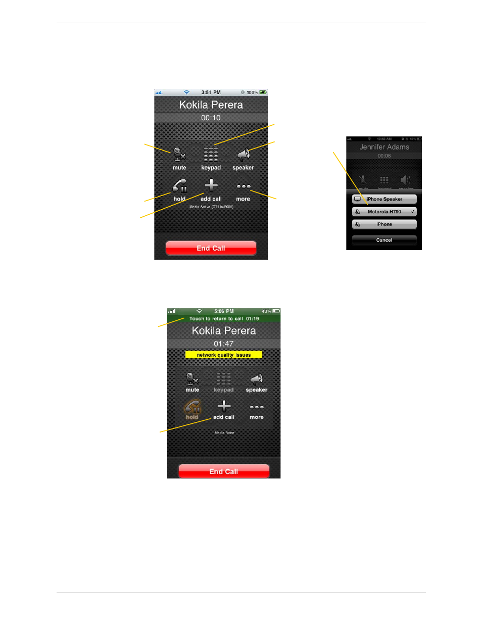 4 handling one established call, Handling one established call, Handling a bria call and a native call | CounterPath Bria iPhone Edition 2.1 User Guide User Manual | Page 19 / 64