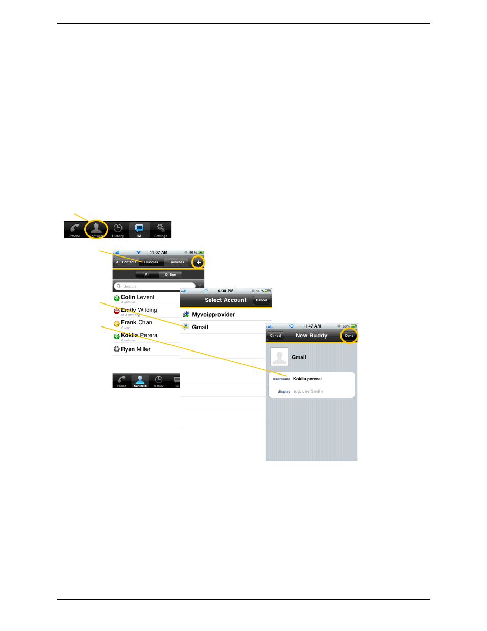 4 viewing others’ status (adding a buddy), Xmpp accounts, Viewing others’ status (adding a buddy) | CounterPath Bria iPhone Edition 2.1 User Guide User Manual | Page 35 / 64