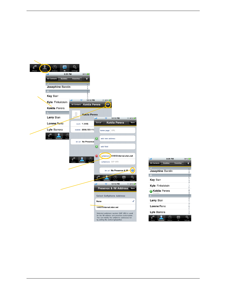 Sip accounts, Editing an existing contact to see online status | CounterPath Bria iPhone Edition 2.1 User Guide User Manual | Page 36 / 64