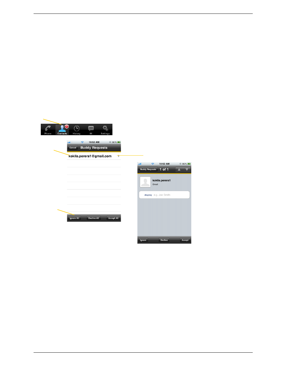 6 responding to buddy requests, Responding to buddy requests | CounterPath Bria iPhone Edition 2.1 User Guide User Manual | Page 39 / 64