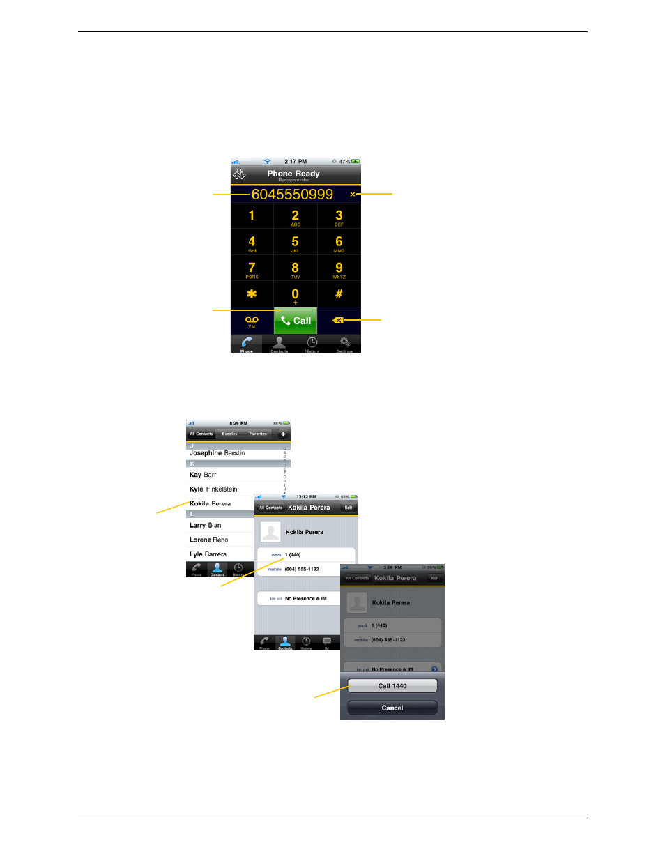 2 placing a call, Placing a call, Using the dialpad from the iphone contact list | CounterPath Bria iPhone Edition 2.0 User Guide User Manual | Page 16 / 62