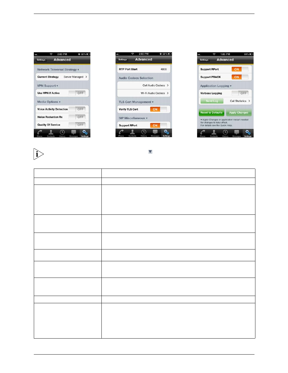 3 advanced settings, Advanced settings | CounterPath Bria iPhone Edition 2.0 User Guide User Manual | Page 50 / 62