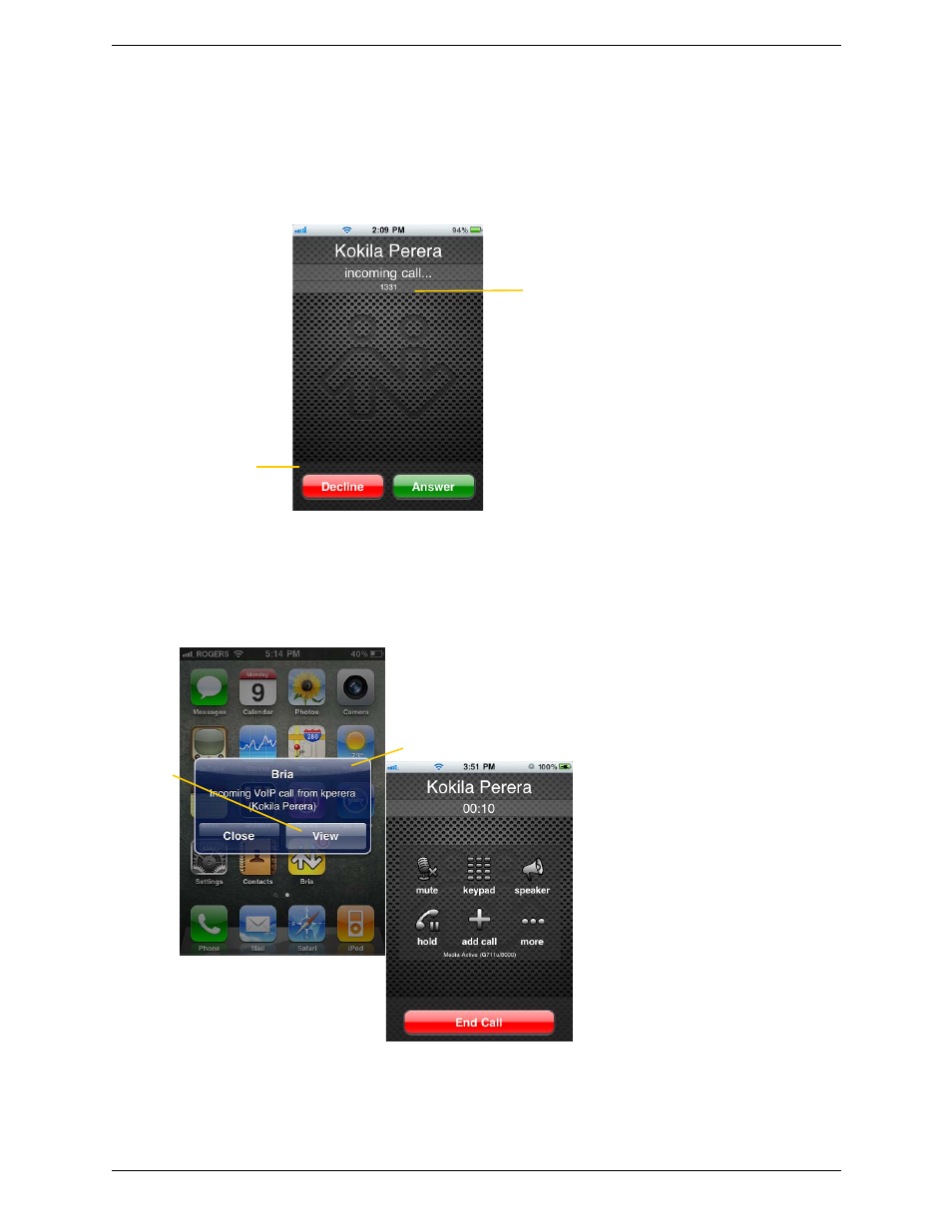 3 handling incoming calls, Handling incoming calls | CounterPath Bria iPhone Edition 1.3.4/1.3.5 User Guide User Manual | Page 18 / 58