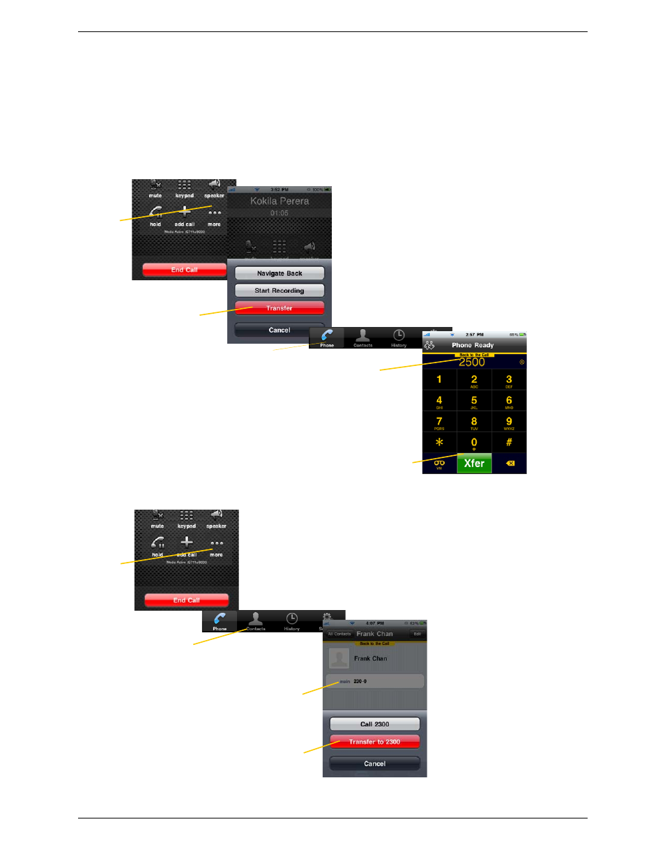 8 unattended (blind) transfer, Unattended (blind) transfer, Using the dialpad by selecting a contact | CounterPath Bria iPhone Edition 1.3.4/1.3.5 User Guide User Manual | Page 23 / 58