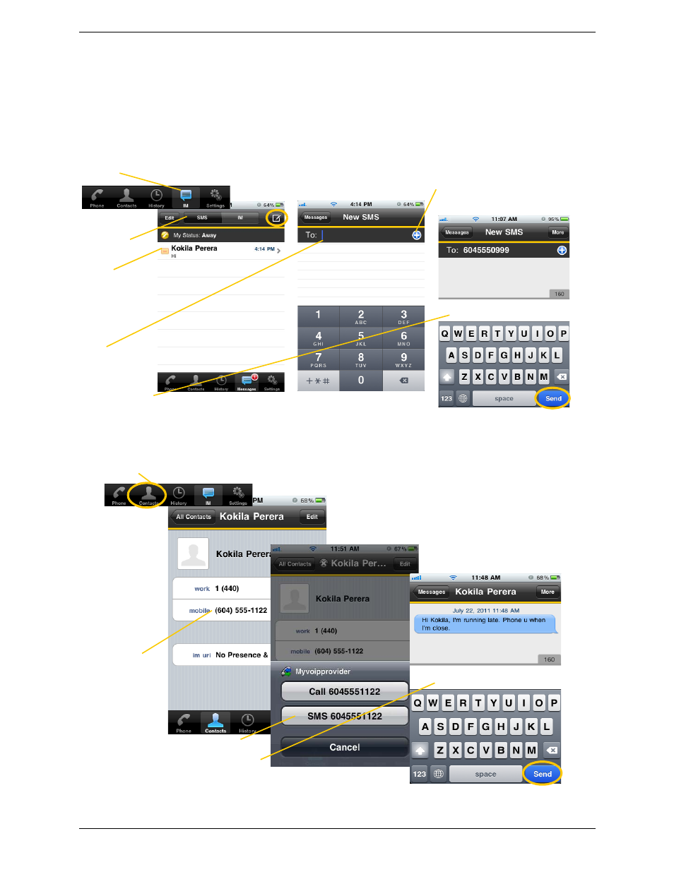 2 sending an sms, Sending an sms, By selecting a contact | CounterPath Bria iPhone Edition 1.3.4/1.3.5 User Guide User Manual | Page 31 / 58