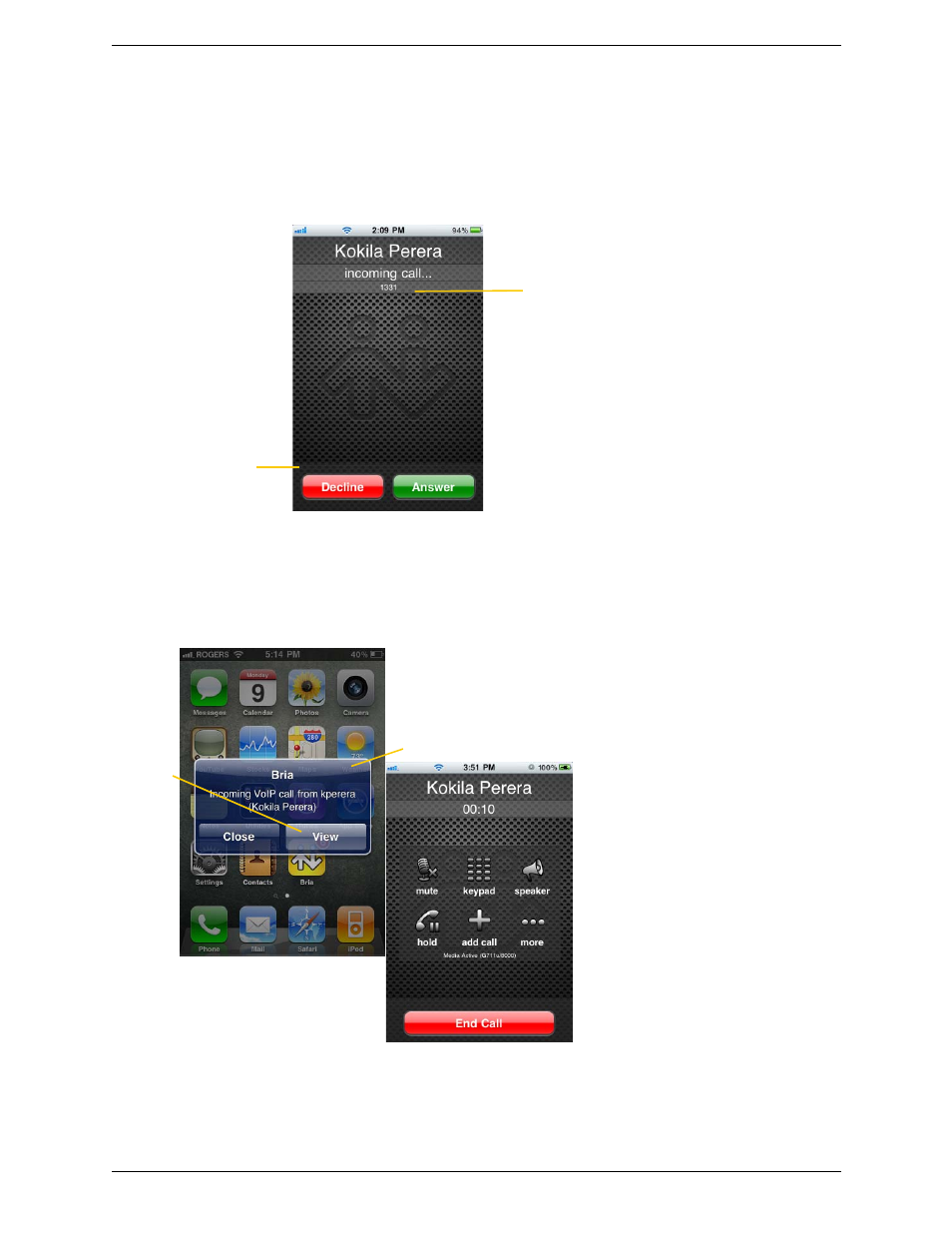 3 handling incoming calls, Handling incoming calls | CounterPath Bria iPhone Edition 1.3.3 User Guide User Manual | Page 18 / 58