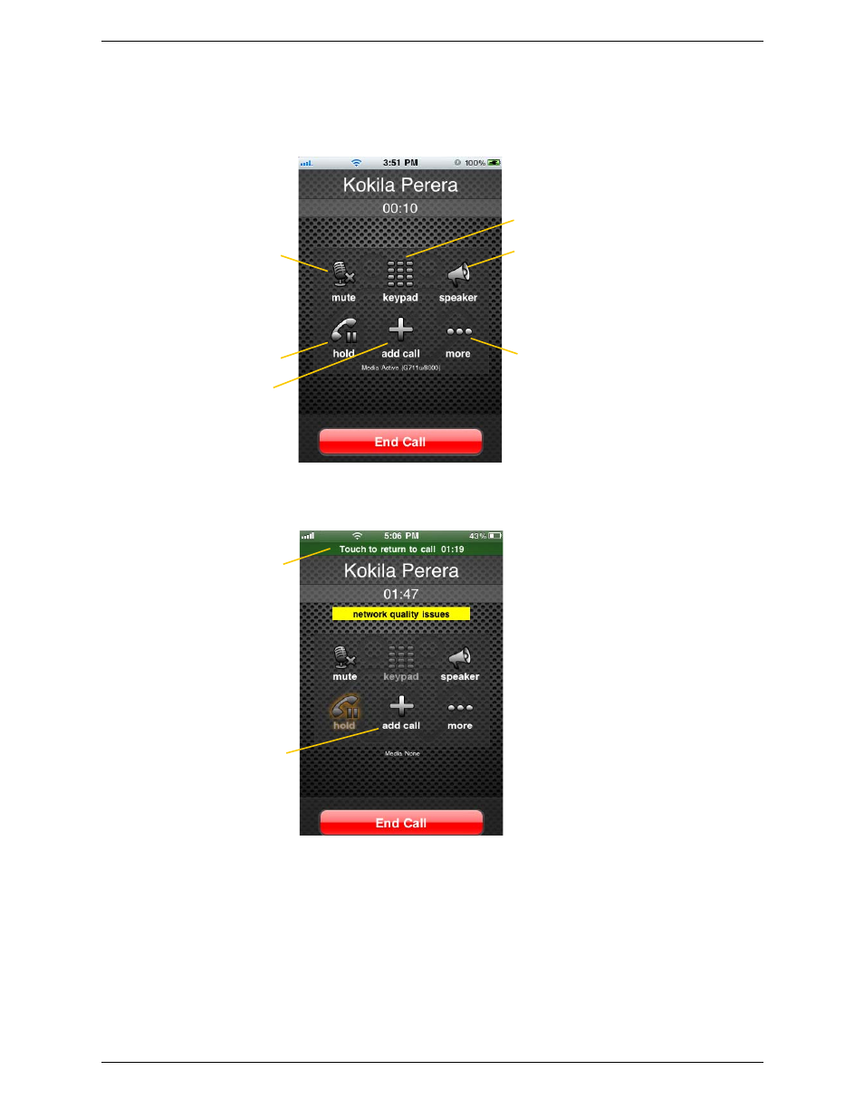 4 handling one established call, Handling one established call, Handling a bria call and a native call | CounterPath Bria iPhone Edition 1.3.3 User Guide User Manual | Page 19 / 58