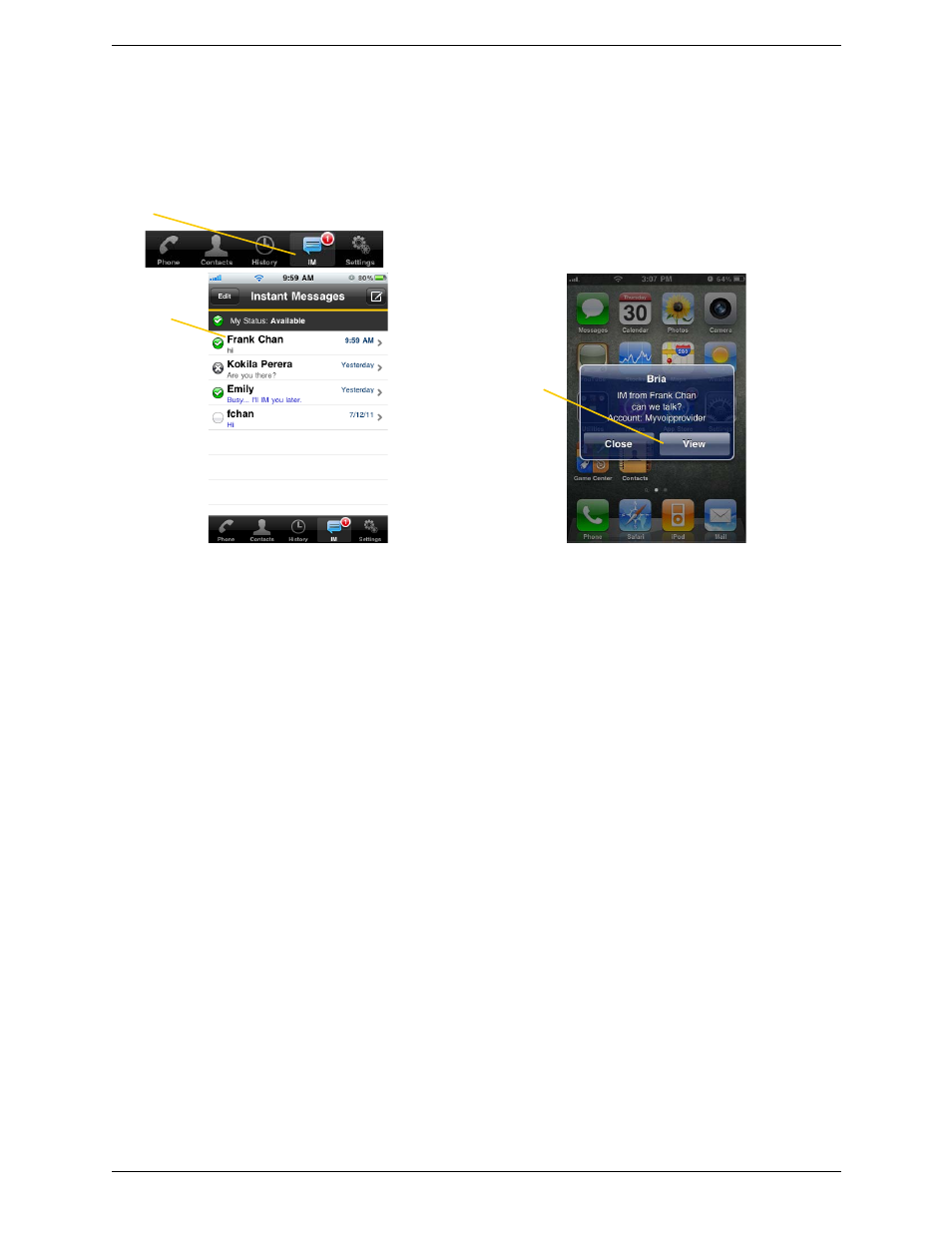 3 receiving an im and sms, Receiving an im and sms | CounterPath Bria iPhone Edition 1.3.3 User Guide User Manual | Page 32 / 58
