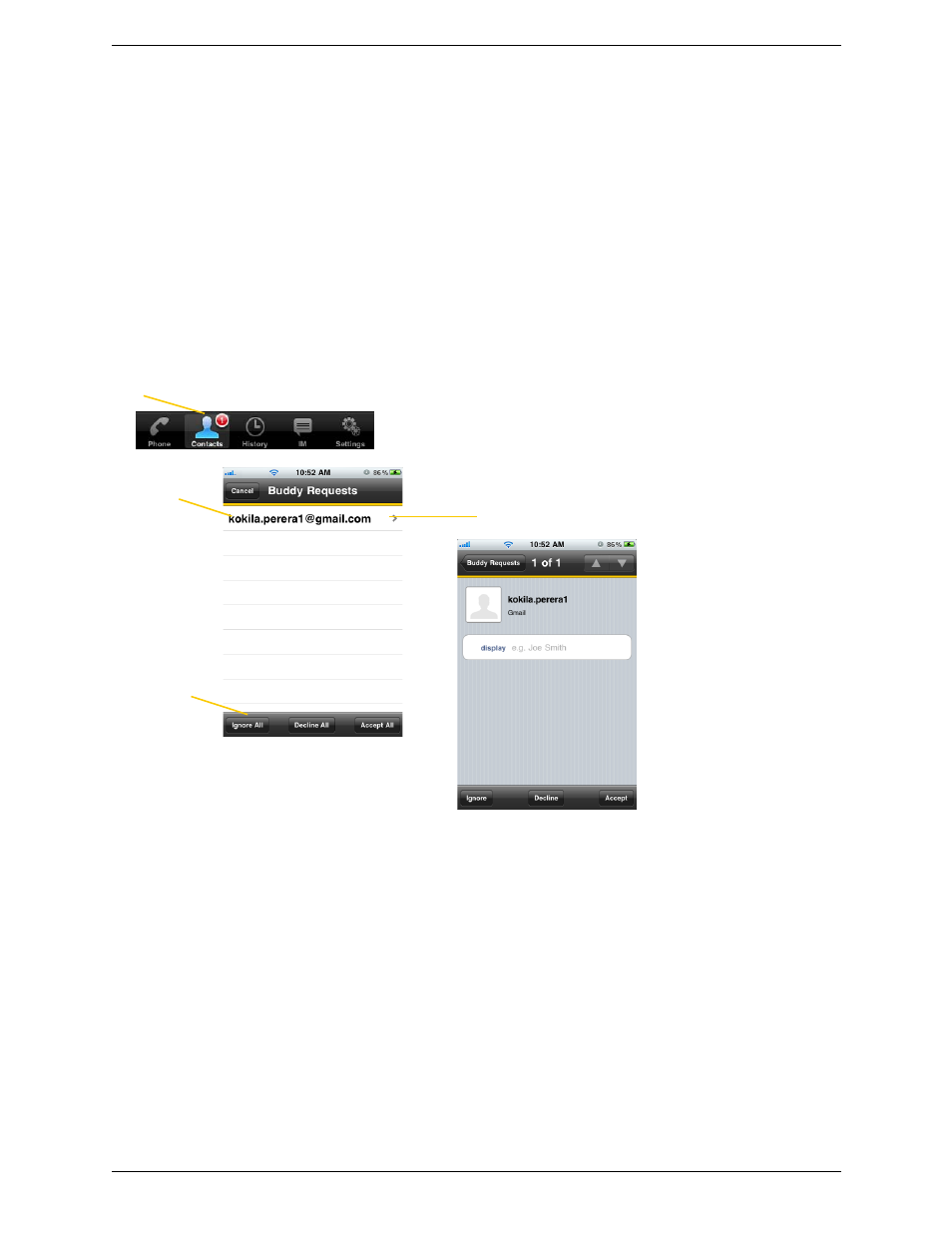 6 responding to buddy requests, Responding to buddy requests | CounterPath Bria iPhone Edition 1.3.3 User Guide User Manual | Page 37 / 58