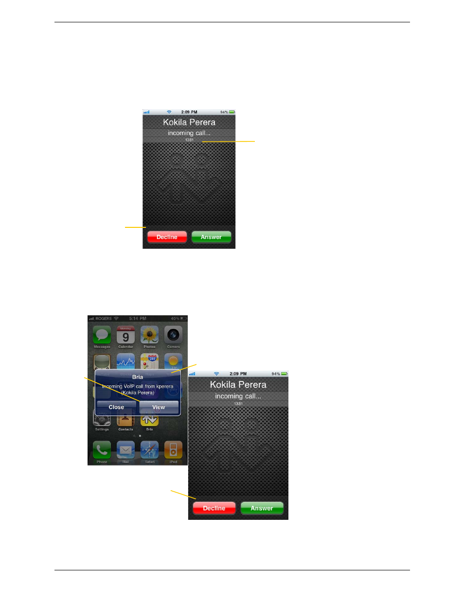 3 handling incoming calls, Handling incoming calls | CounterPath Bria iPhone Edition 1.3 User Guide User Manual | Page 18 / 58