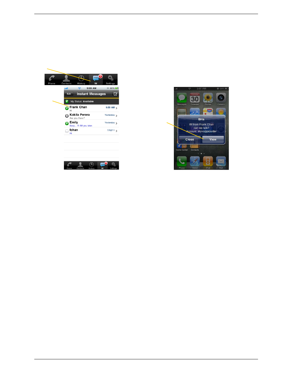 3 receiving an im and sms, Receiving an im and sms | CounterPath Bria iPhone Edition 1.3 User Guide User Manual | Page 32 / 58