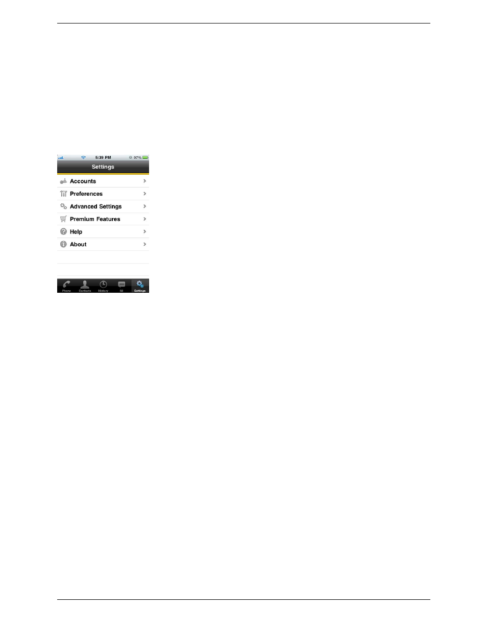 5 settings, Settings, 5settings | CounterPath Bria iPhone Edition 1.3 User Guide User Manual | Page 39 / 58