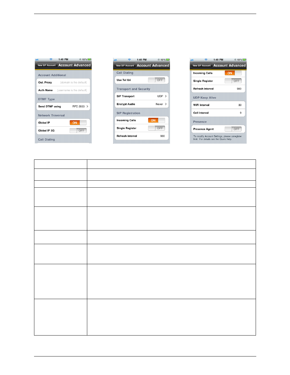 Account advanced (sip) | CounterPath Bria iPhone Edition 1.3 User Guide User Manual | Page 41 / 58