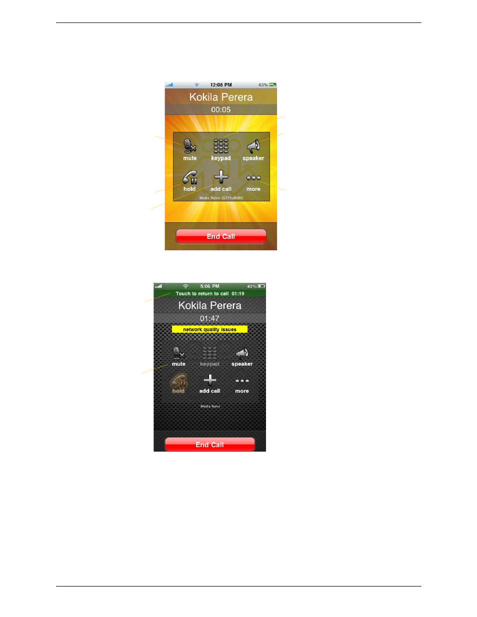 5 handling one established call, Handling one established call, Handling a bria call and a native call | CounterPath Bria iPhone Edition 1.2.8 User Guide User Manual | Page 15 / 42