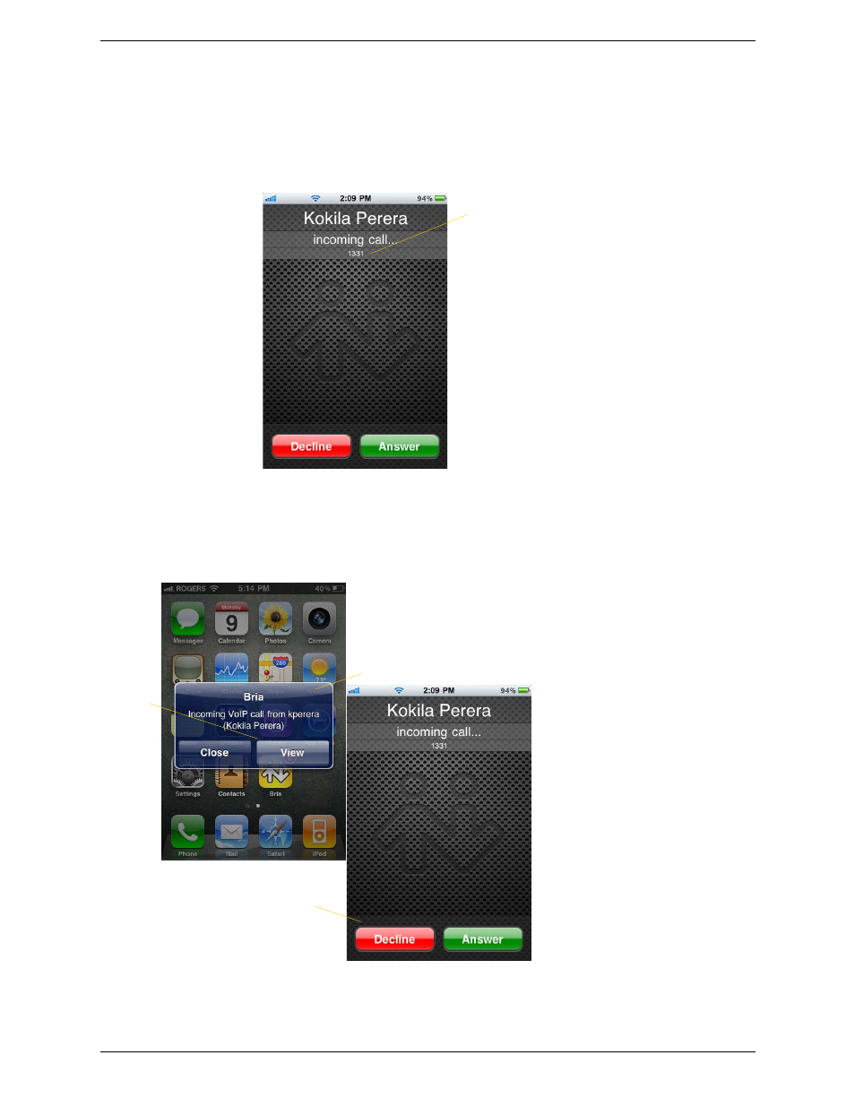 4 handling incoming calls, Handling incoming calls | CounterPath Bria iPhone Edition 1.2 User Guide User Manual | Page 14 / 38