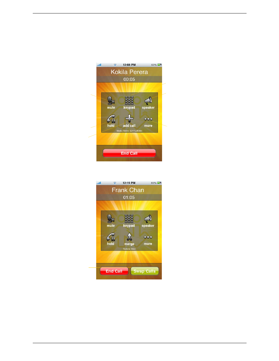 7 handling established calls, Handling established calls, Handling one established call | Handling two bria calls | CounterPath Bria iPhone Edition 1.2 User Guide User Manual | Page 17 / 38