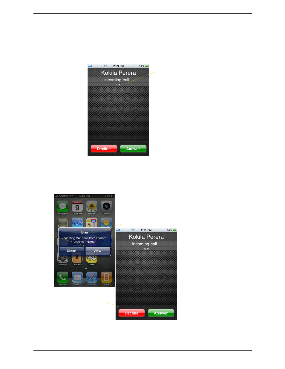4 handling incoming calls, Handling incoming calls | CounterPath Bria iPhone Edition 1.1.2 User Guide (Revision 3) User Manual | Page 14 / 38