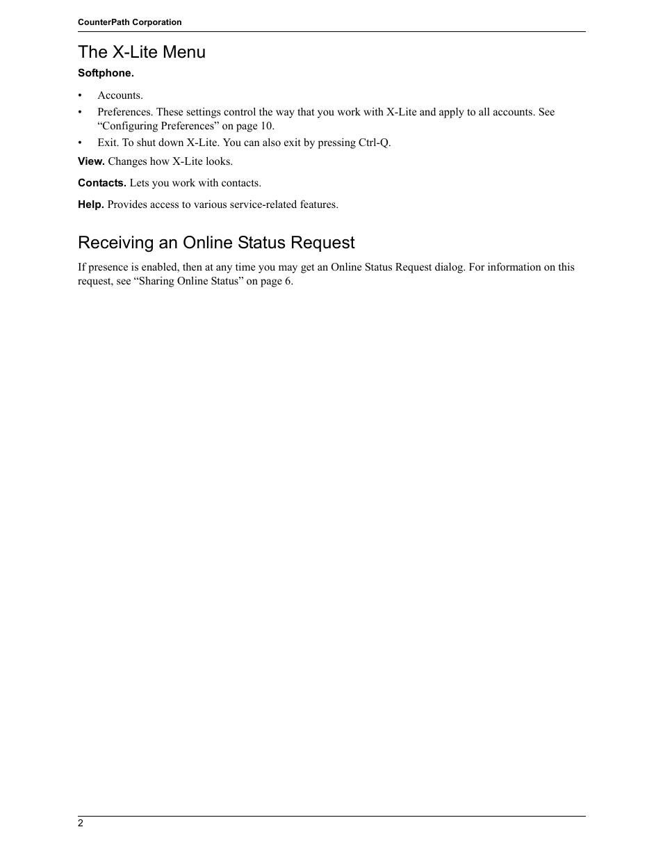 The x-lite menu, Receiving an online status request | CounterPath X-Lite 4.7 for Windows User Guide User Manual | Page 12 / 66