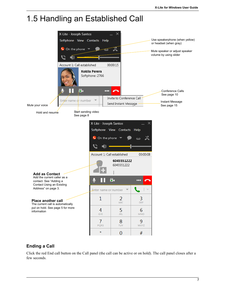 5 handling an established call, Handling an established call, Ending a call | CounterPath X-Lite 4.7 for Windows User Guide User Manual | Page 17 / 66