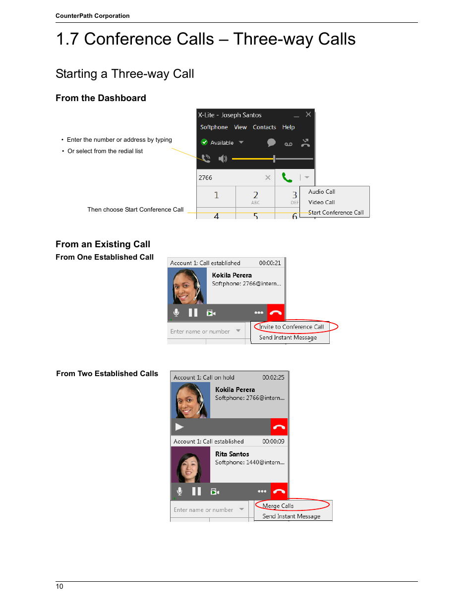 7 conference calls – three-way calls, Conference calls – three-way calls, Starting a three-way call | CounterPath X-Lite 4.7 for Windows User Guide User Manual | Page 20 / 66