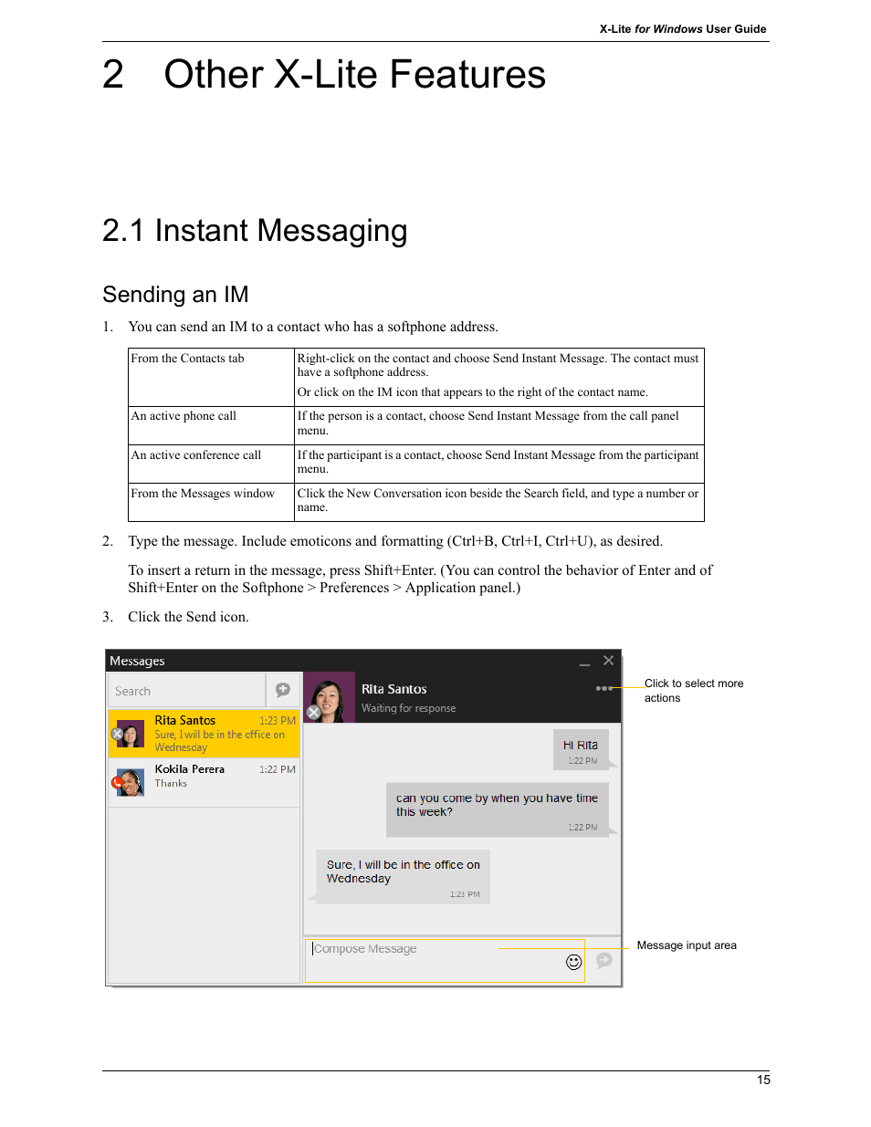 2 other x-lite features, 1 instant messaging, Other x-lite features | Instant messaging, Sending an im | CounterPath X-Lite 4.7 for Windows User Guide User Manual | Page 25 / 66