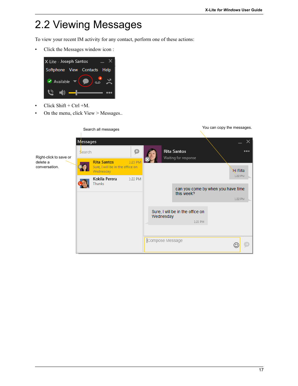 2 viewing messages, Viewing messages | CounterPath X-Lite 4.7 for Windows User Guide User Manual | Page 27 / 66
