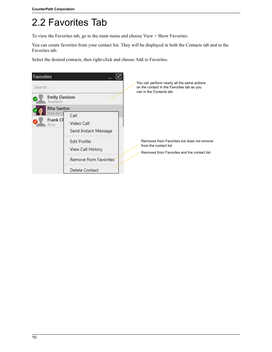 2 favorites tab, Favorites tab | CounterPath X-Lite 4.7 for Windows User Guide User Manual | Page 38 / 66
