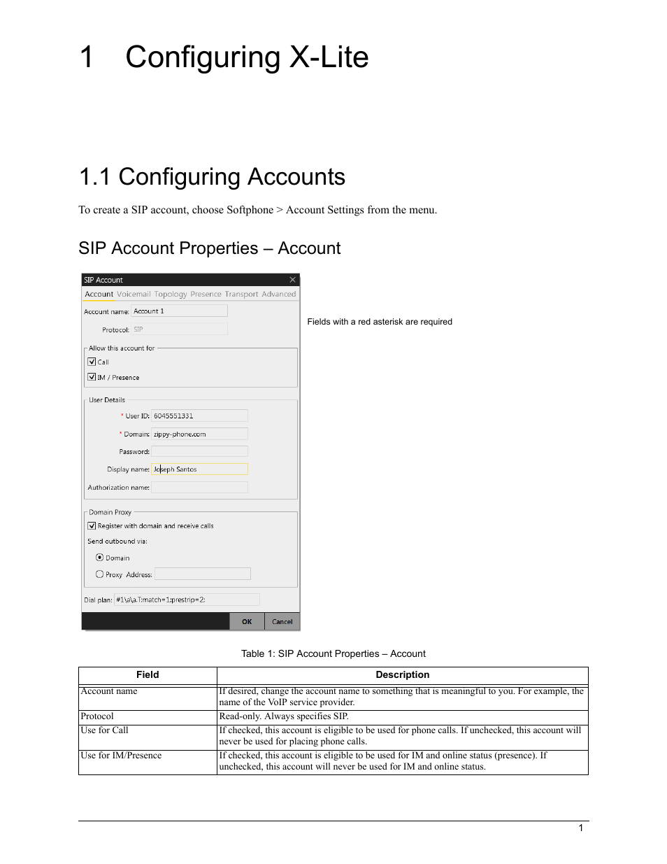 1 configuring x-lite, 1 configuring accounts, Configuring x-lite | Configuring accounts, Sip account properties – account | CounterPath X-Lite 4.7 for Windows User Guide User Manual | Page 39 / 66