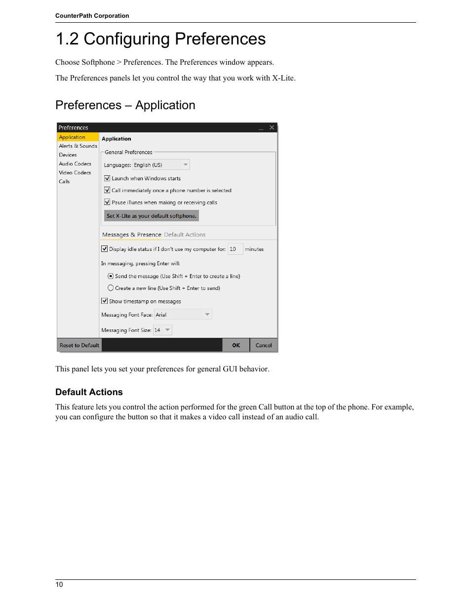 2 configuring preferences, Configuring preferences, Preferences – application | CounterPath X-Lite 4.7 for Windows User Guide User Manual | Page 48 / 66