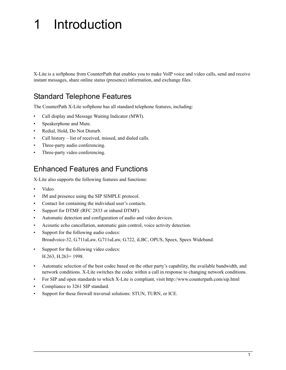 1 introduction, Introduction, Standard telephone features | Enhanced features and functions | CounterPath X-Lite 4.7 for Windows User Guide User Manual | Page 5 / 66