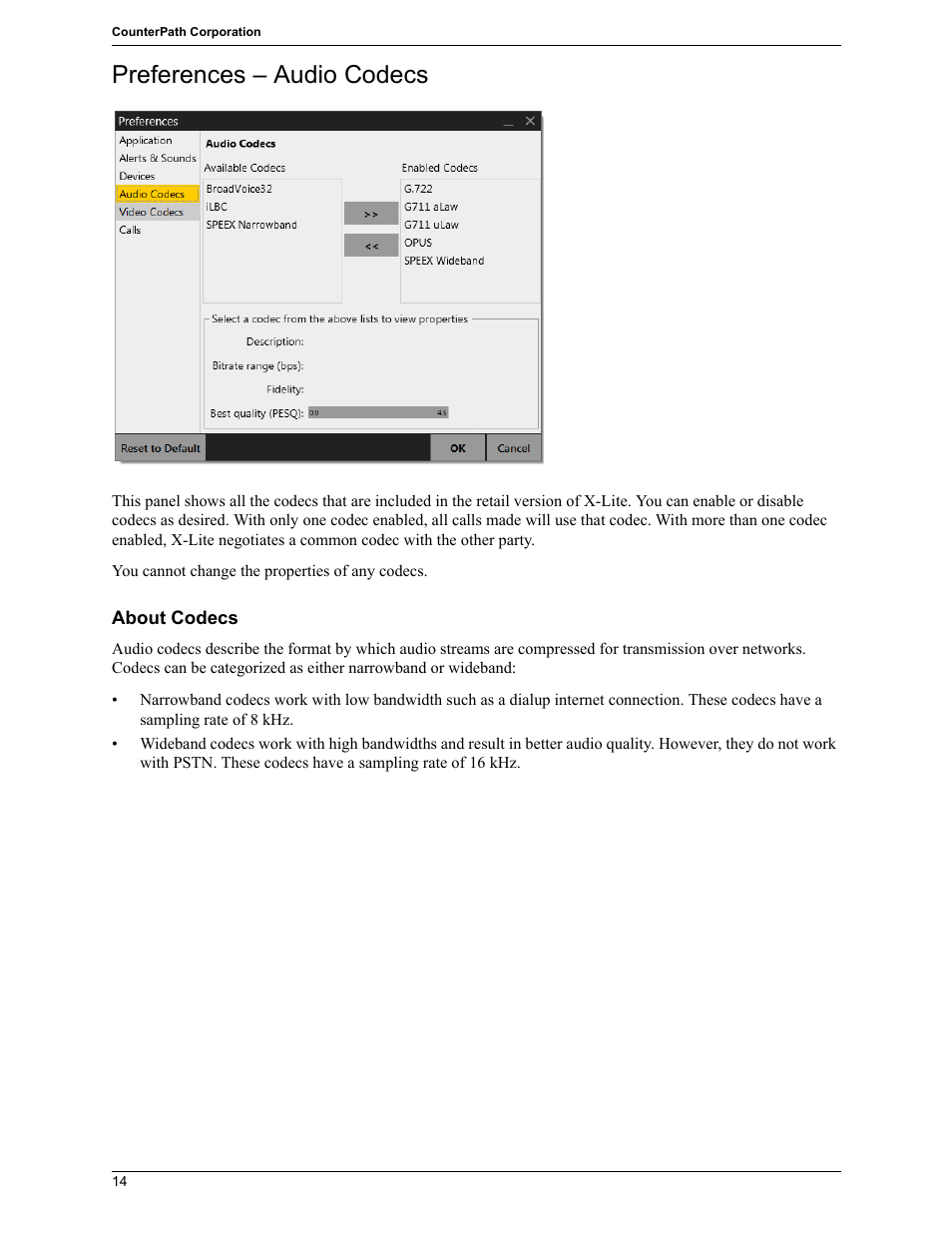Preferences – audio codecs | CounterPath X-Lite 4.7 for Windows User Guide User Manual | Page 52 / 66