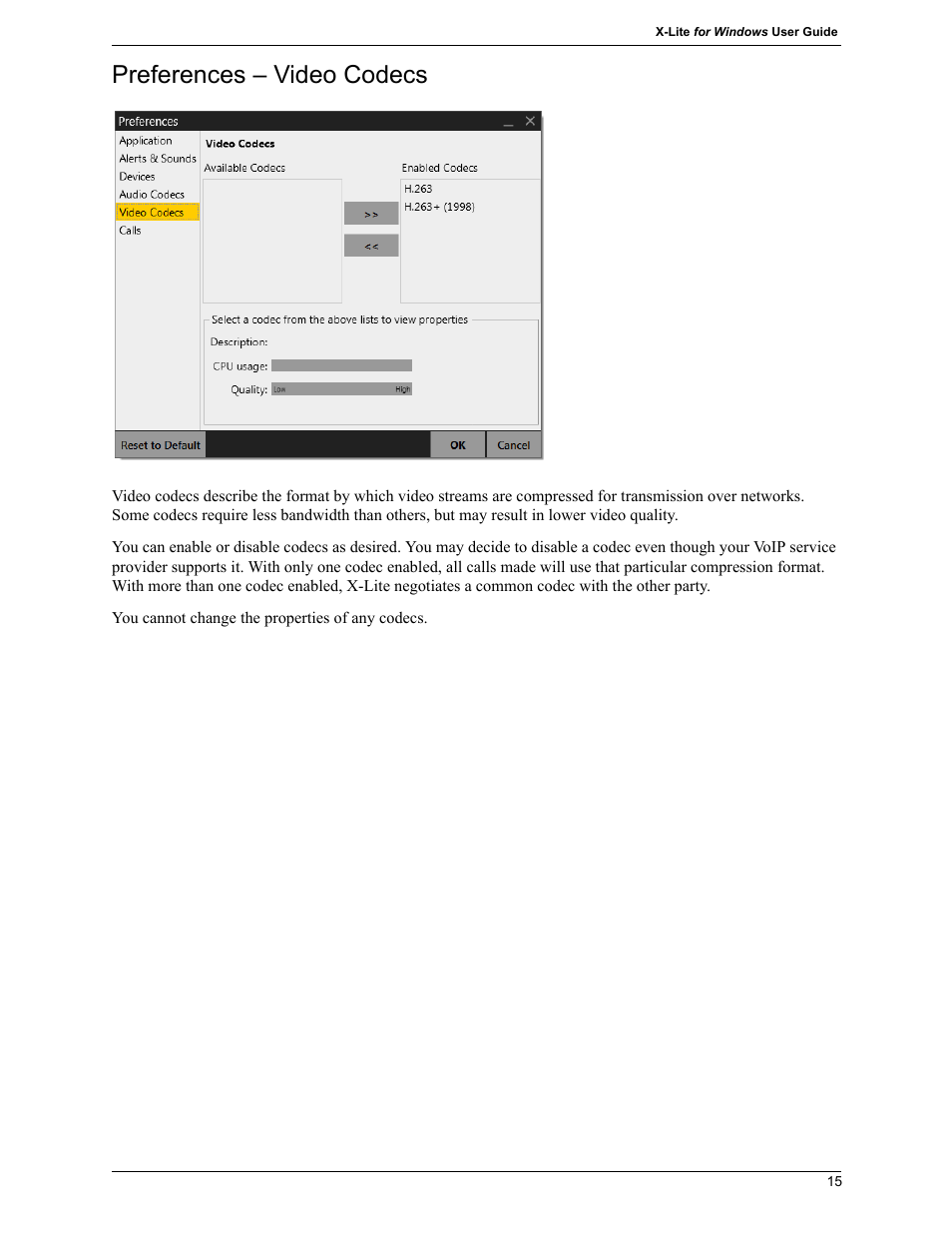 Preferences – video codecs | CounterPath X-Lite 4.7 for Windows User Guide User Manual | Page 53 / 66