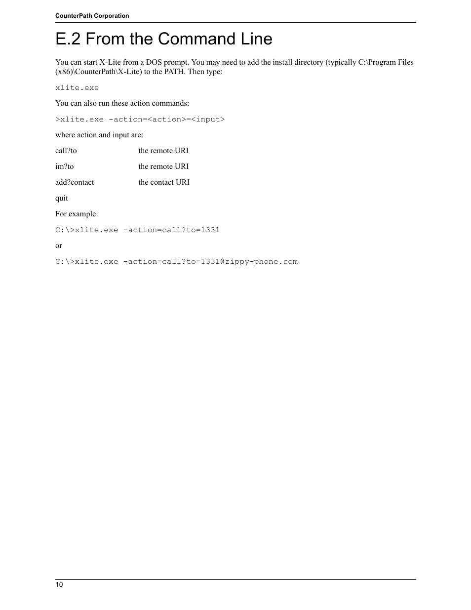 E.2 from the command line | CounterPath X-Lite 4.7 for Windows User Guide User Manual | Page 64 / 66