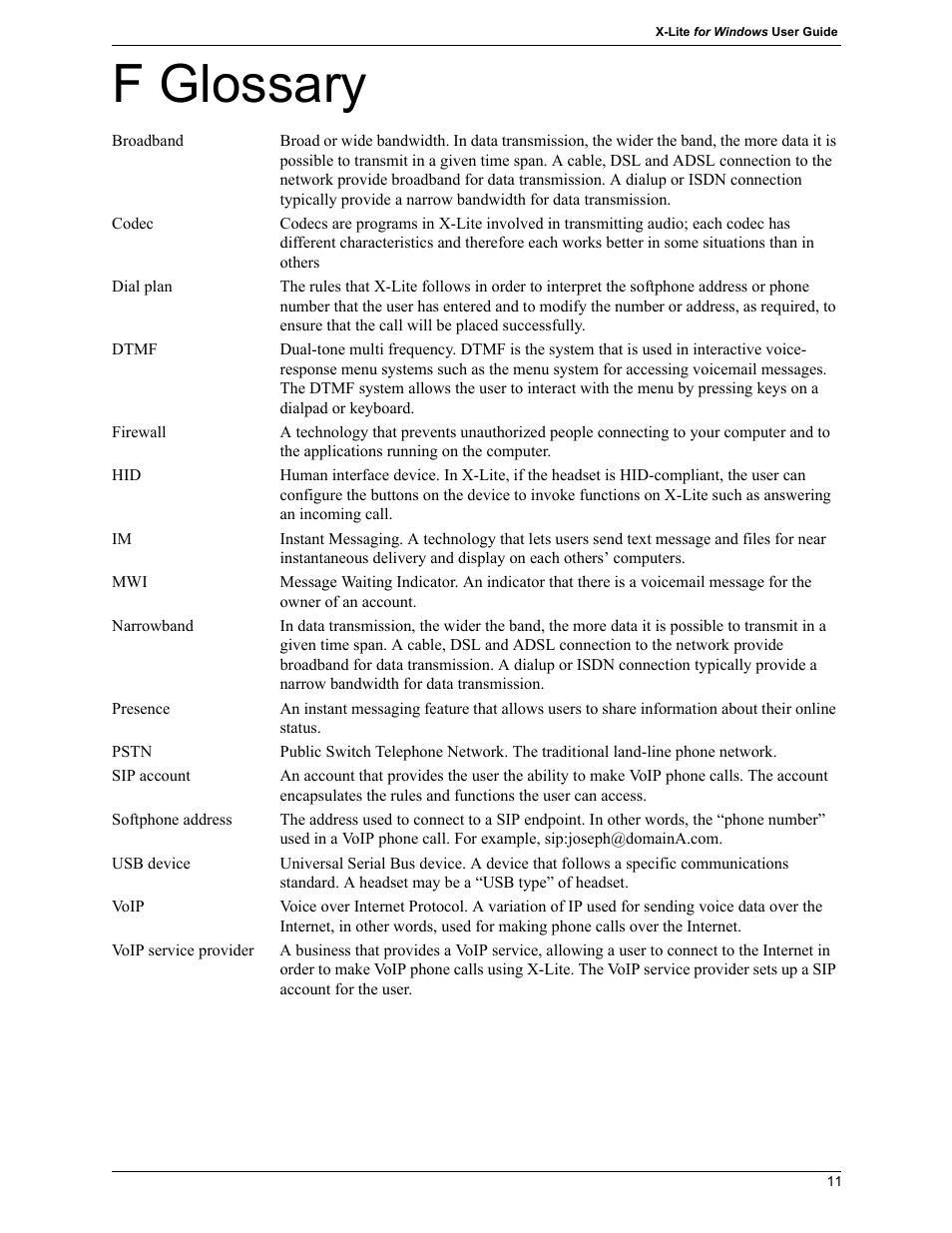 F glossary | CounterPath X-Lite 4.7 for Windows User Guide User Manual | Page 65 / 66