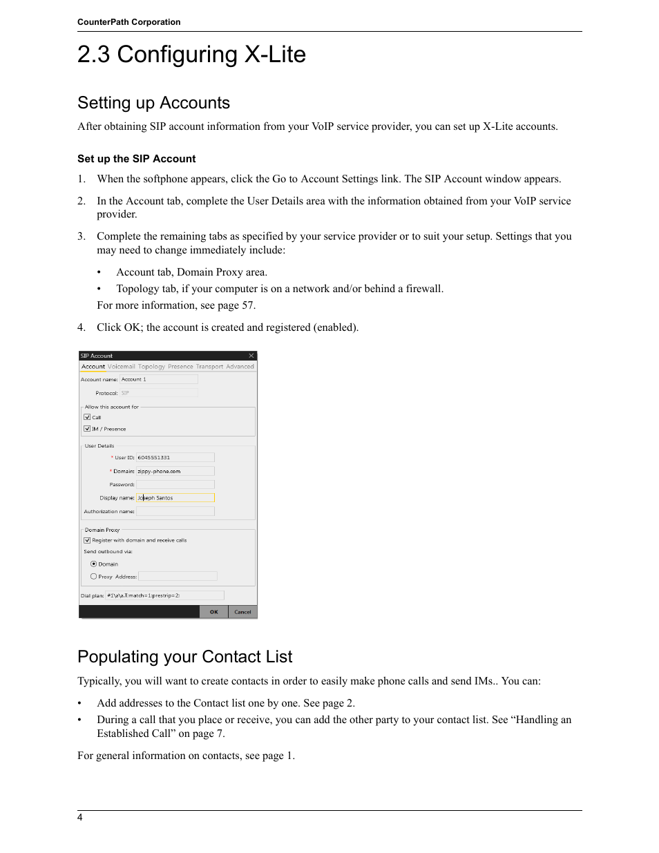 3 configuring x-lite, Configuring x-lite, Setting up accounts | Populating your contact list | CounterPath X-Lite 4.7 for Windows User Guide User Manual | Page 8 / 66