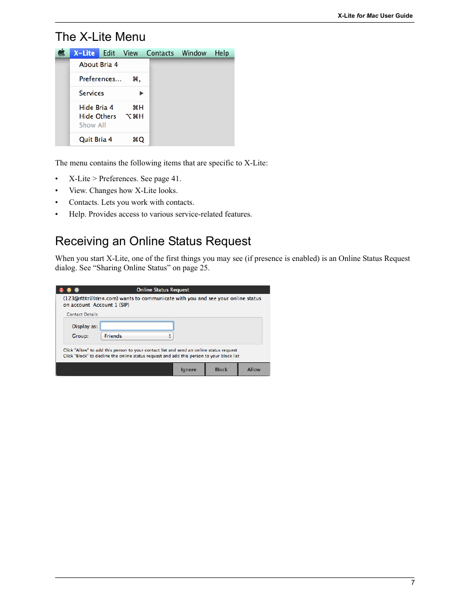 The x-lite menu, Receiving an online status request | CounterPath X-Lite 4.7 for Mac User Guide User Manual | Page 11 / 61