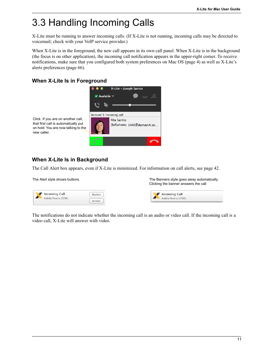 3 handling incoming calls, Handling incoming calls | CounterPath X-Lite 4.7 for Mac User Guide User Manual | Page 15 / 61