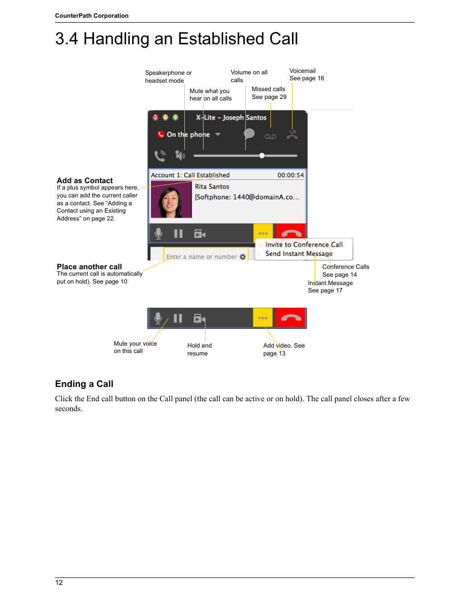 4 handling an established call, Handling an established call, Ending a call | CounterPath X-Lite 4.7 for Mac User Guide User Manual | Page 16 / 61