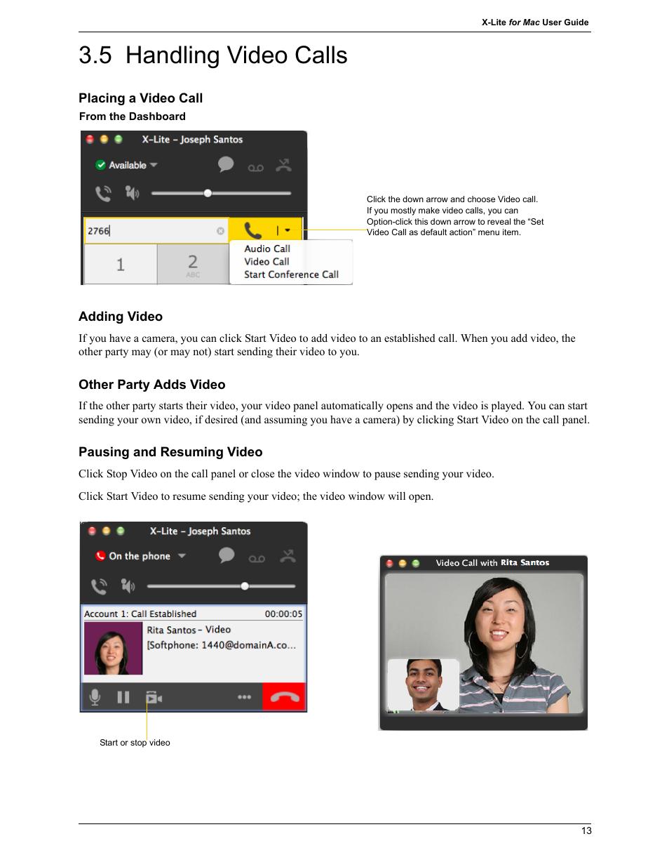 5 handling video calls, Handling video calls | CounterPath X-Lite 4.7 for Mac User Guide User Manual | Page 17 / 61