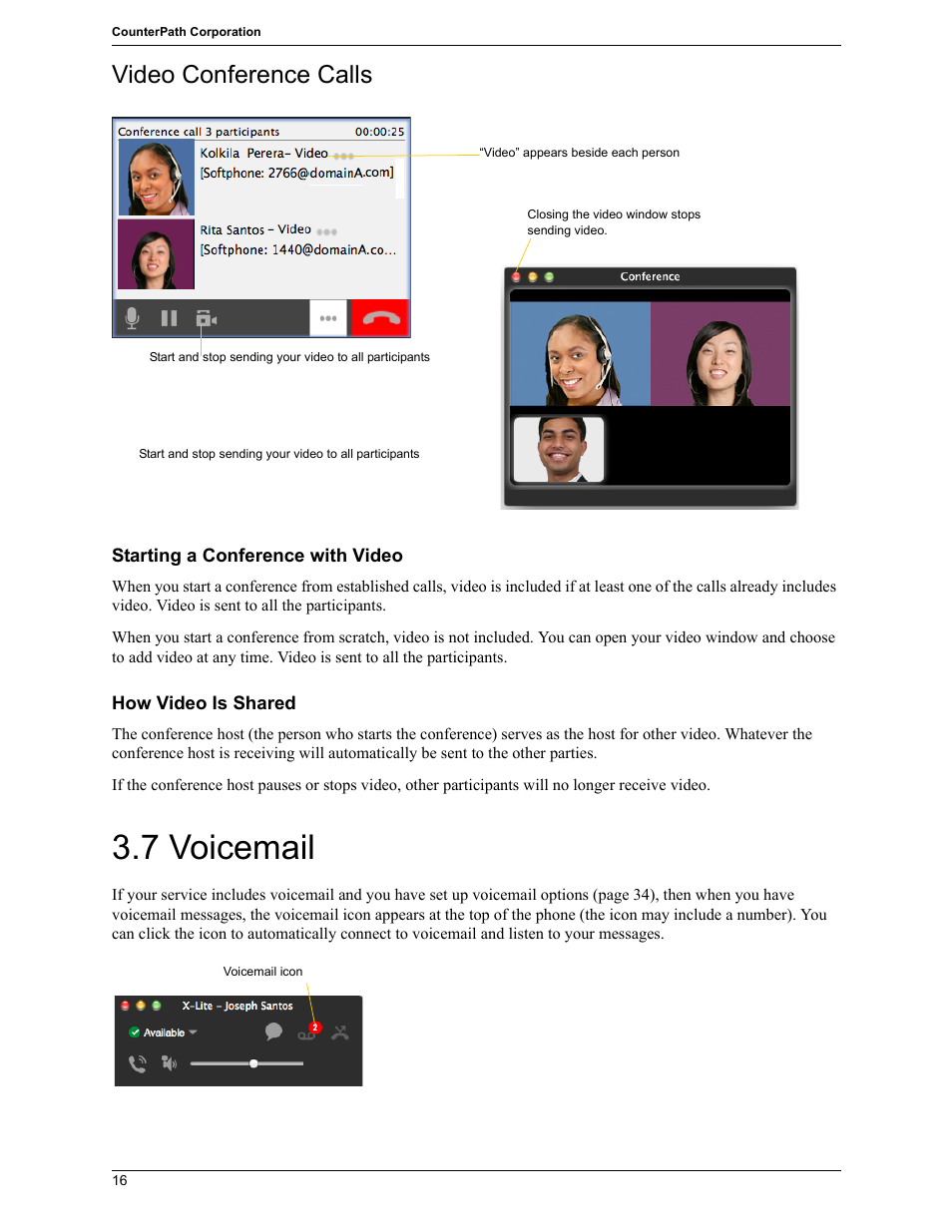 7 voicemail, Voicemail, Video conference calls | CounterPath X-Lite 4.7 for Mac User Guide User Manual | Page 20 / 61