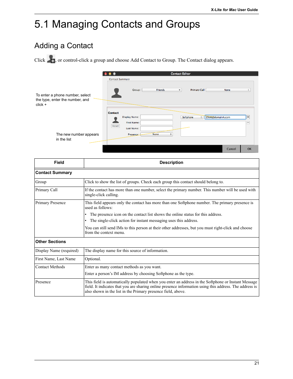 1 managing contacts and groups, Managing contacts and groups, Adding a contact | CounterPath X-Lite 4.7 for Mac User Guide User Manual | Page 25 / 61
