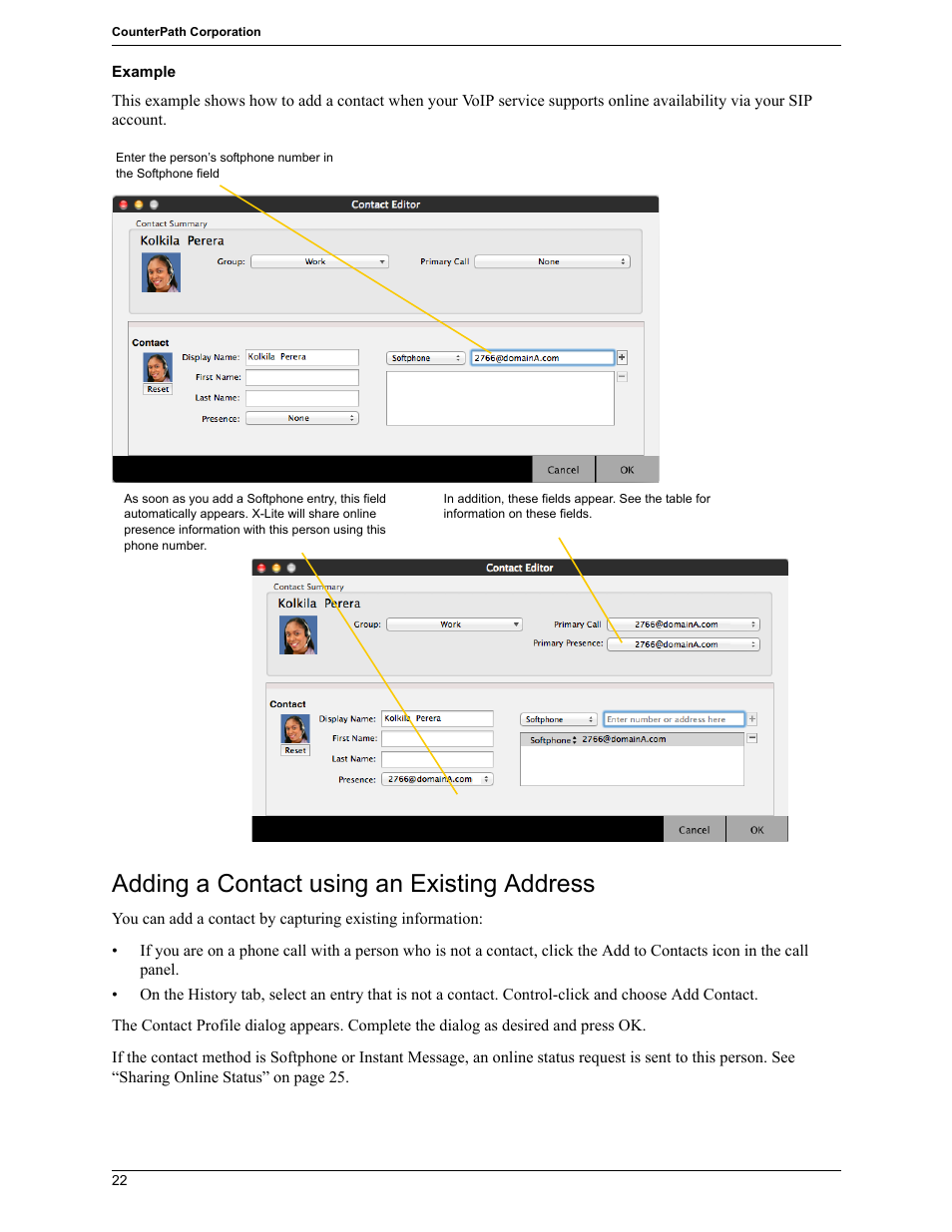 Adding a contact using an existing address | CounterPath X-Lite 4.7 for Mac User Guide User Manual | Page 26 / 61