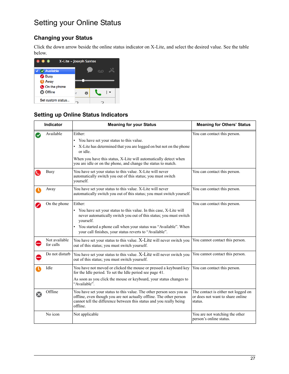 Setting your online status, Changing your status, Setting up online status indicators | CounterPath X-Lite 4.7 for Mac User Guide User Manual | Page 31 / 61