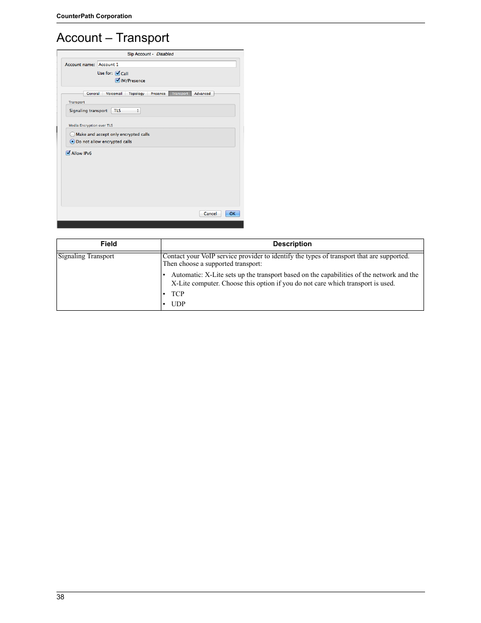 Account – transport | CounterPath X-Lite 4.7 for Mac User Guide User Manual | Page 42 / 61