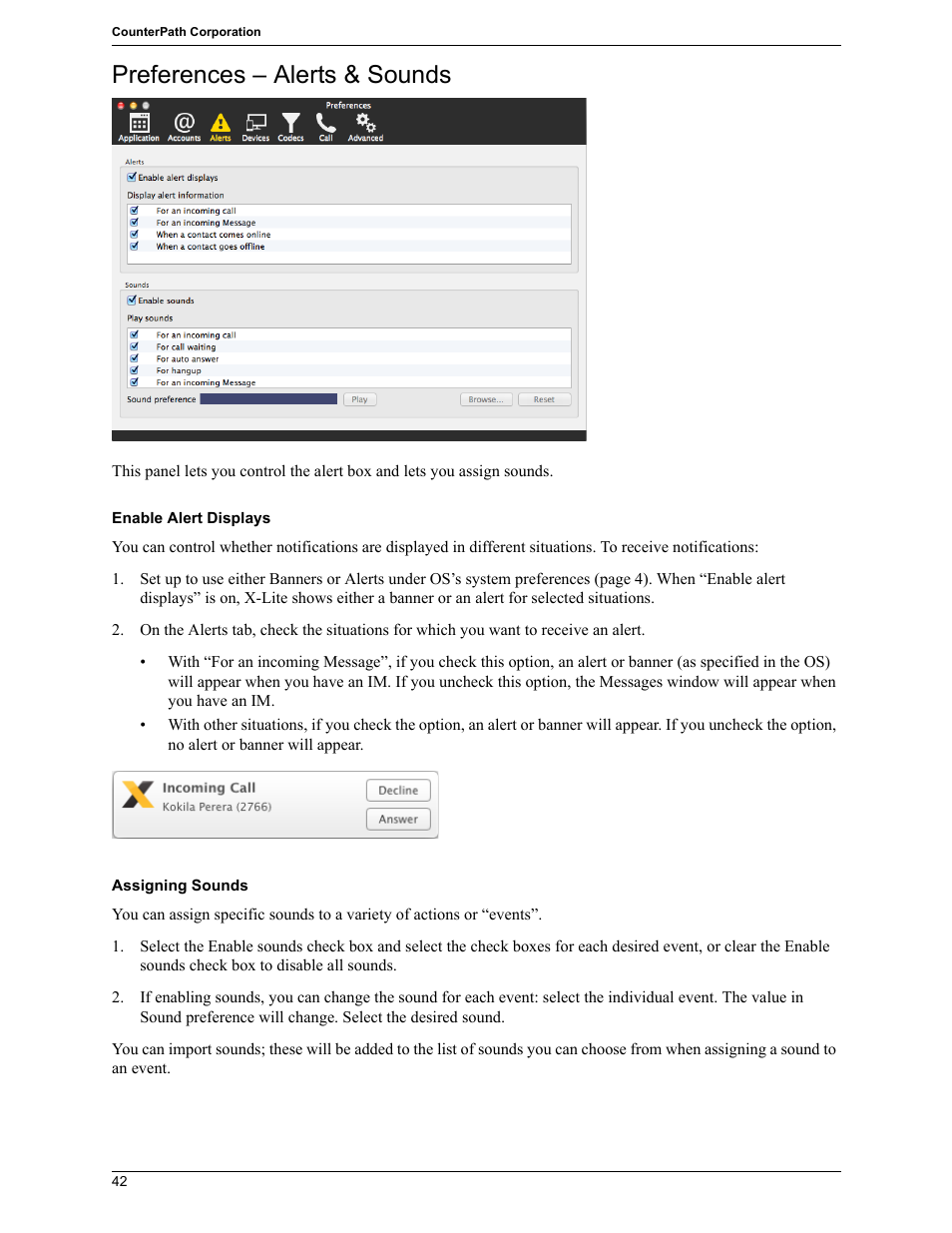 Preferences – alerts & sounds | CounterPath X-Lite 4.7 for Mac User Guide User Manual | Page 46 / 61
