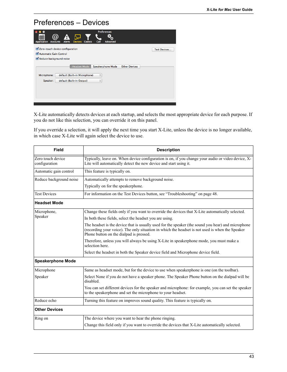 Preferences – devices | CounterPath X-Lite 4.7 for Mac User Guide User Manual | Page 47 / 61
