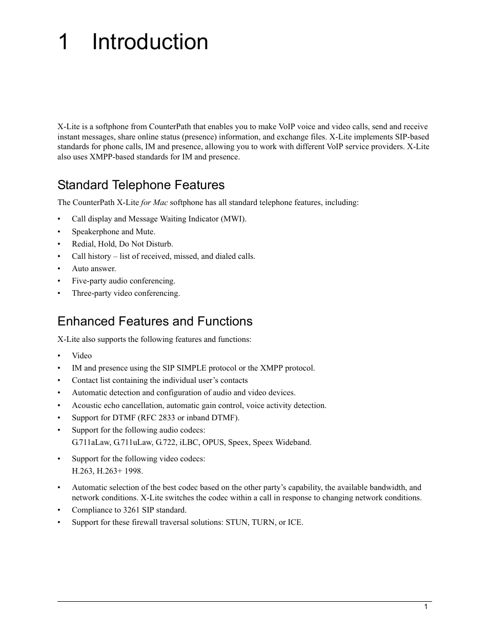 1 introduction, Introduction, Standard telephone features | Enhanced features and functions | CounterPath X-Lite 4.7 for Mac User Guide User Manual | Page 5 / 61