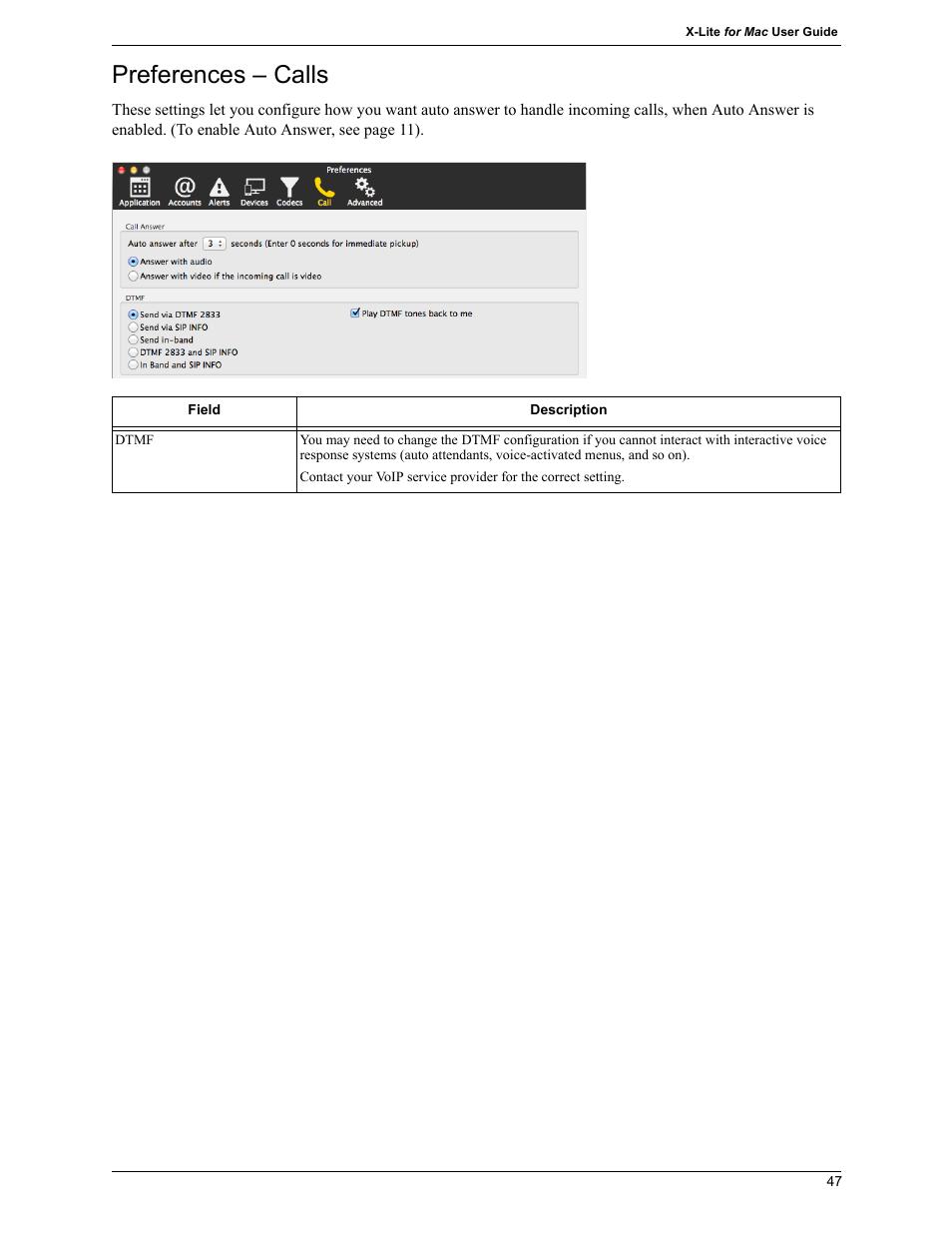 Preferences – calls | CounterPath X-Lite 4.7 for Mac User Guide User Manual | Page 51 / 61