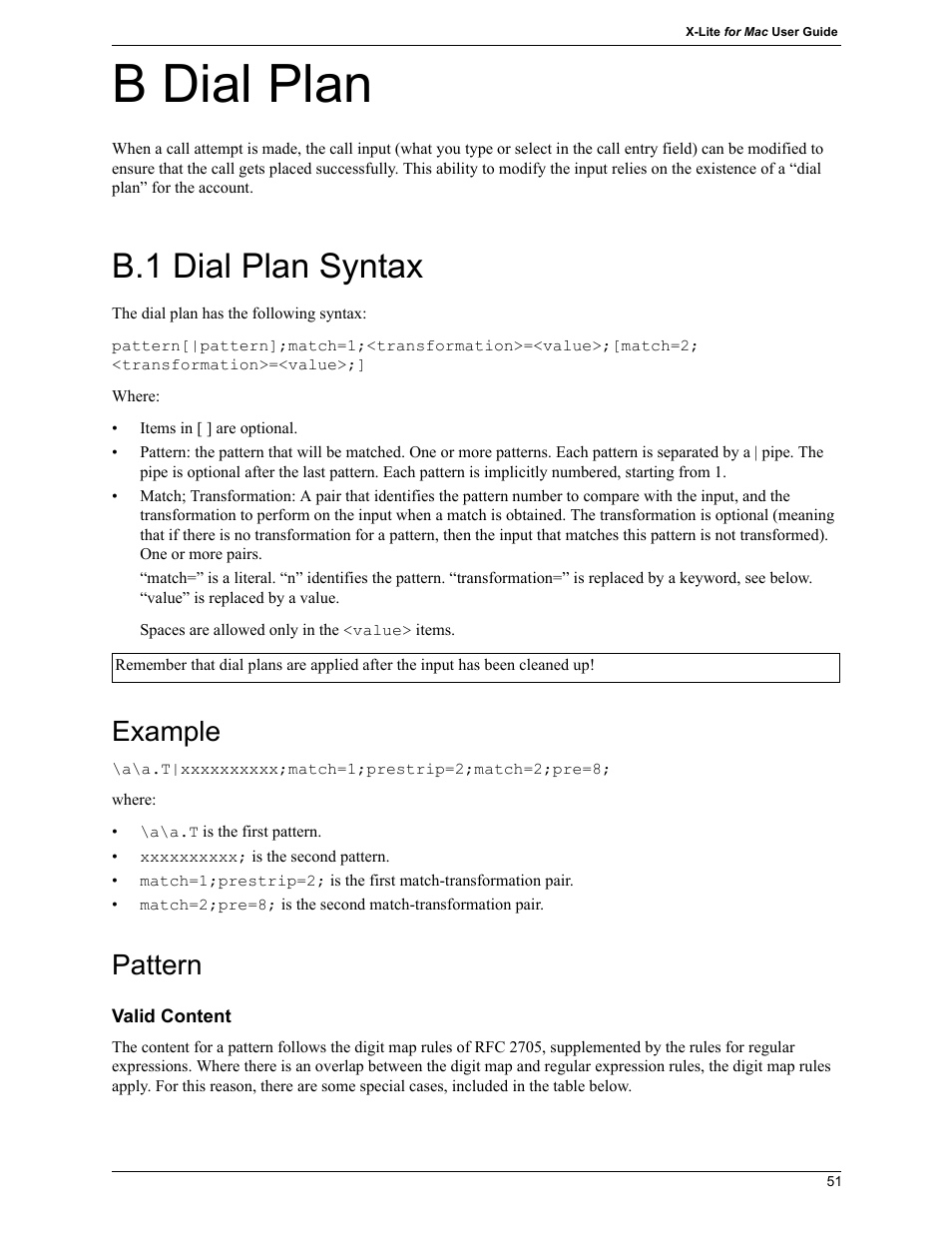 B dial plan, B.1 dial plan syntax, Example | Pattern | CounterPath X-Lite 4.7 for Mac User Guide User Manual | Page 55 / 61